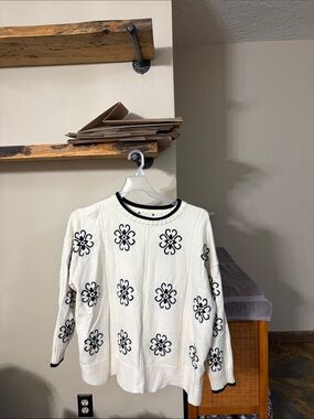Cream Crewneck Sweater with Black Floral Motifs